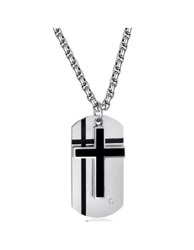 Colgante para hombre en placa militar de acero y cruz latina negra con circonitas