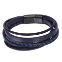 Pulsera de cuero cinco filas de color azul cierre de acero negro para hombres