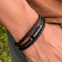 Pulsera de cuero negro hombres trenzados triples lazos y cierre magnético acero 20cm