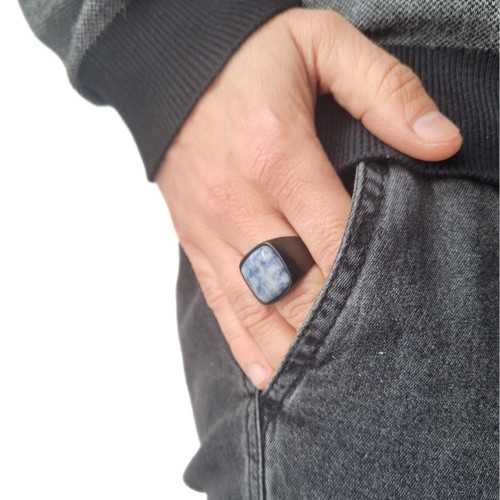 Black steel knight and sodalite worn to the annular man for a classic, mysterious and affirmed style