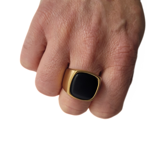 Signet ring for men in golden steel set with a black onyx
