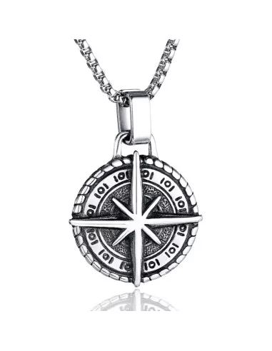 Men's steel compass of life star wind rose pendant necklace