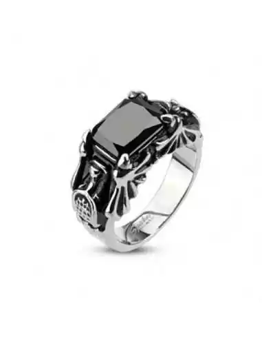 WOMEN'S RING SOLID STEEL and GOTHIC ONYX STONE BAT CLAW WING NEW