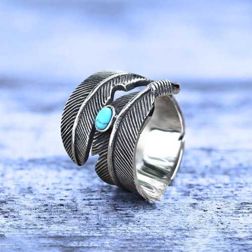 Signet Ring Indian Biker Feather Turquoise USA