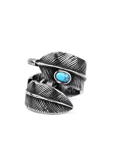 Wraparound Feather Ring With Indian Turquoise Stone Stainless Steel