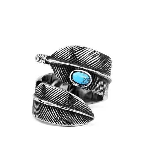 Menschlicher ethnischer Ring aus Edelstahl, geformtes Umhüllungsfeder, die mit zentralem türkisfarbenem Stein geformt ist.