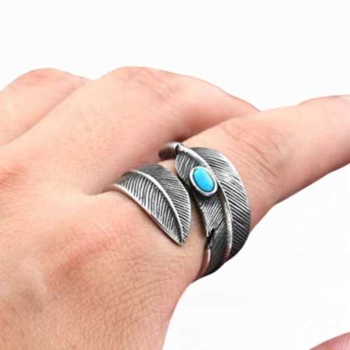 Anillo envolvente de plumas con piedra turquesa india, joyería étnica para hombres de acero inoxidable
