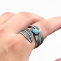 Enveloping feather ring with turquoise stone Indian stainless steel ethnic jewelry