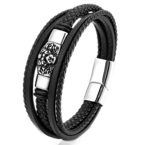 Mehrreihiges Lederarmband schwarz Löwe Kopfplatte Stahlverschluss