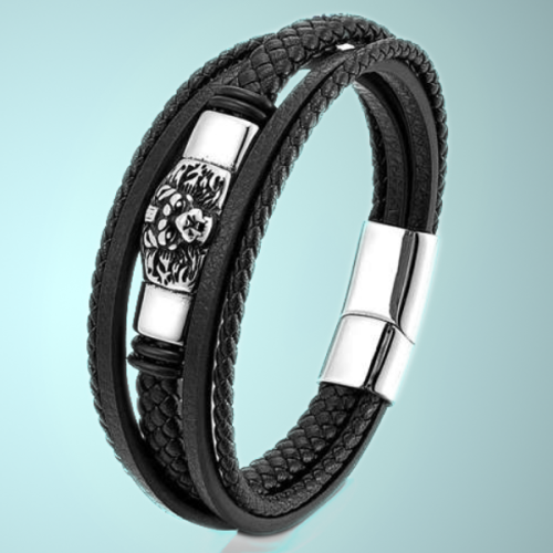 Bracelet multi rangs cuir noir homme plaque tête de lion fermoir acier