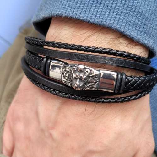 Mehrreihiges Lederarmband schwarz Mann Löwe Kopfplatte Stahlverschluss