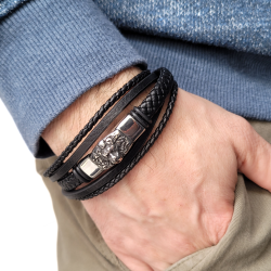 Pulsera multiforma para hombres compuesta de cordones de cuero negro trenzado y liso, adornado con una cabeza de león de acero i 2