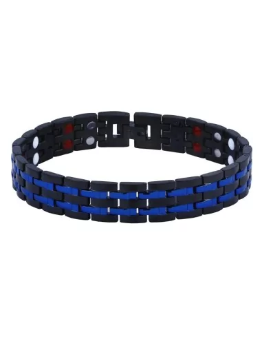Bracelet magnétique homme aimants puissants noir lignes bleues thérapie de santé 22cm