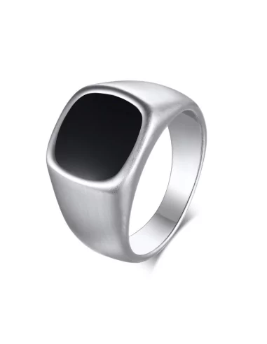 Men's signet ring stainless steel silver black onyx cabochon