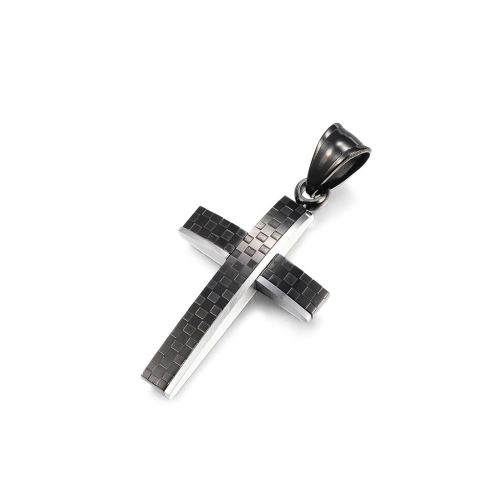 Men's carbon checkerboard cross pendant necklace, black steel, chain included