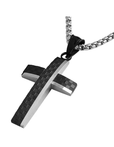 Halskette Damier Cross Anhänger Männer Schwarze Stahlkette Inclusive