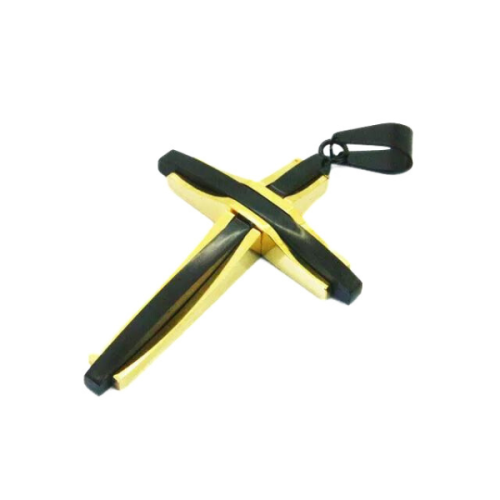 Pendentif homme acier croix originale couleur or noire et chaine boule