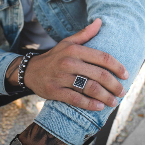 Men's Signet Ring in Carbon Fiber Square Plated Steel
