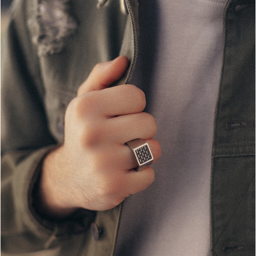 Men's Signet Ring in Carbon Fiber Square Plated...