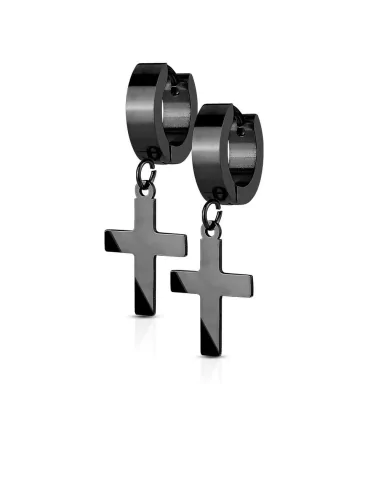 Coppia di orecchini da uomo e da donna, acciaio, croce latina pendente, tutto nero