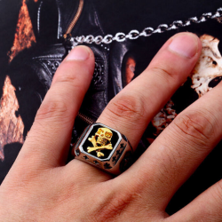 Siegelring für Herren, Stahl, Totenkopf, Gold, Kreuz, Tempelritter, Biker