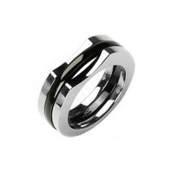 BAGUE ANNEAU HOMME TITANE MASSIF COULEUR ARGENT & PLAQUE NOIR NEUVE