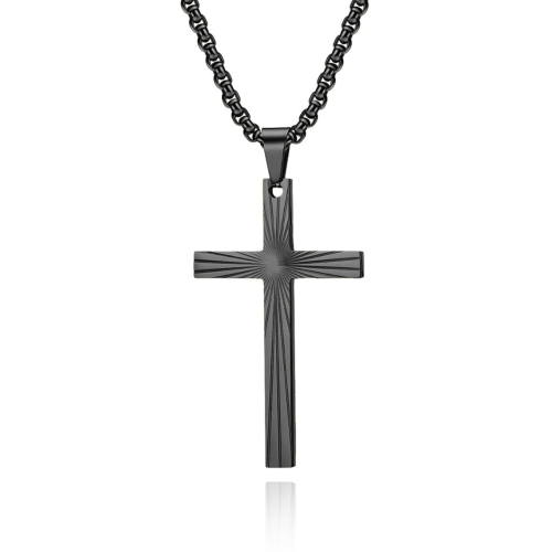 Collier Pendentif Croix de Lumière Rayon de Soleil Homme Acier Noire Chaine Incluse