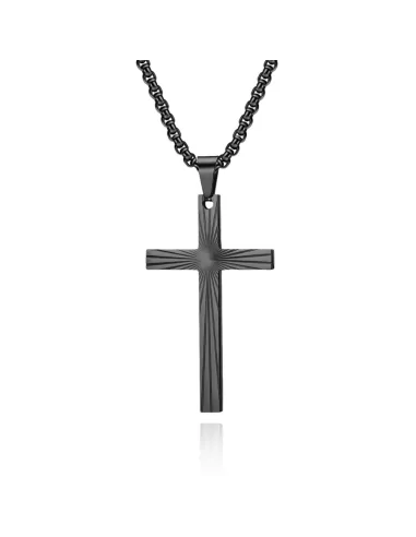 Necklace Pendant Light Cross Sun Ray Male Black Steel Chain Inclusive