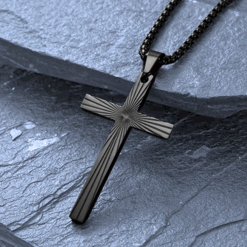 Pendentif Croix de Lumière Rayon de Soleil Homme Acier Noire Chaine Incluse