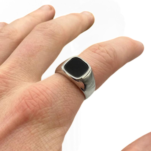Anello con sigillo da uomo in acciaio inossidabile argento con onice nera cabochon