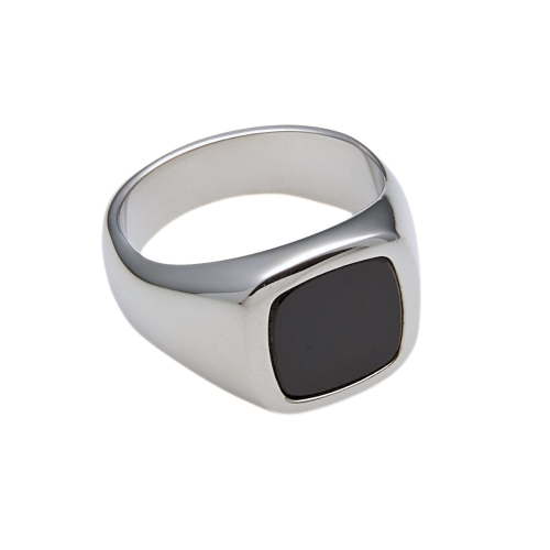 Chevalière homme acier inoxydable argent cabochon onyx noir