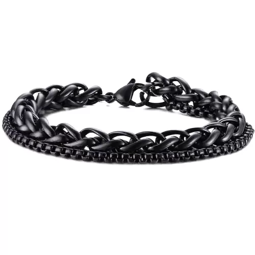 Men's double chain stainless steel curb bracelet black color 21cm