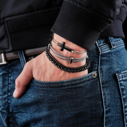 Men's double chain stainless steel curb bracelet black...