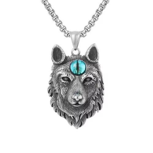 Collier pendentif homme tête de loup fenrir oeil bleu chaine incluse