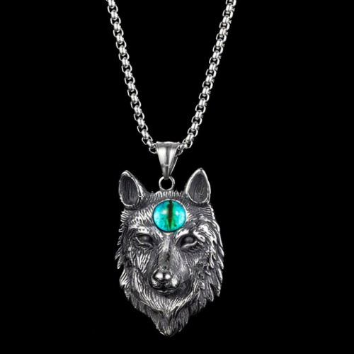 Collier pendentif loup pôur homme tête de loup fenrir oeil bleu acier chaine incluse