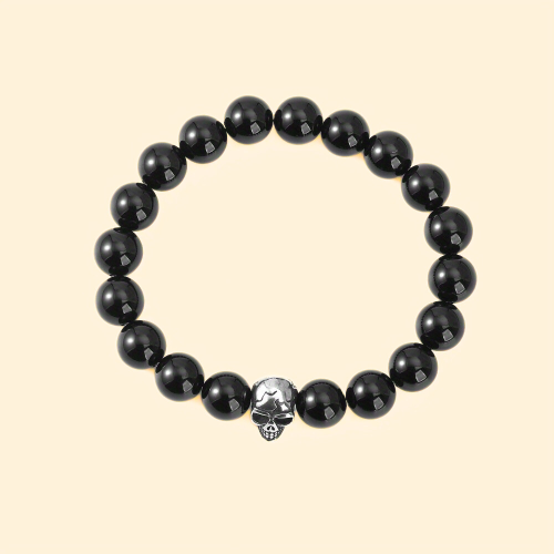 Bracelet en Pierres d'Onyx Noires de Protection et Tête de Mort en Acier Inoxydable Biker