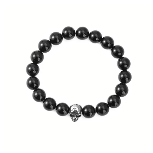 Bracelet en Perles d'Onyx Noires de Protection et Tête de Mort en Acier Inoxydable Biker