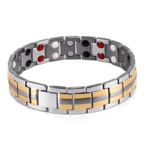 Magnetisches Panzerarmband für Herren aus Edelstahl mit Germanium-Magneten, goldene Linien, Feingold, 21 cm