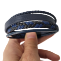 Brazalete de cuero para hombre de cuatro hileras en color azul con cierre de acero negro