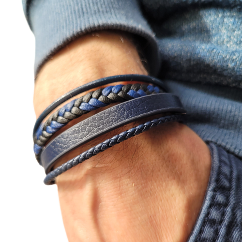 Bracelet Pour Homme en Cuir Bleu Quatre Rangs Avec Fermoir Acier Inoxydable Noir