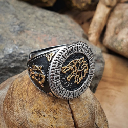 Wikingerring – Siegelring Fenrir Wolf Vegvisir Valknut Amulett Siegel Keltische Runen Männer aus Stahl