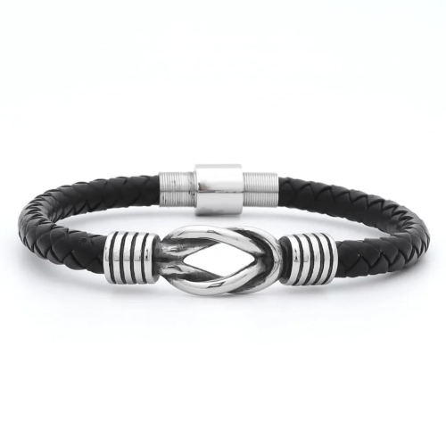 Bracelet noeud en acier inoxydable en cuir tressé noir