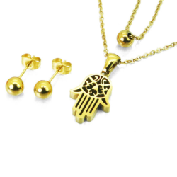 Fatma-Frau Hand Anhänger Halskette Cluster und Goldgold Goldstahl-Ball-Ohrringe