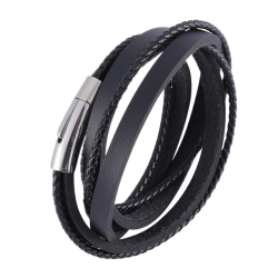 Men's bracelet showing the different braided and smooth leather strips as well as the customizable clip clasp.