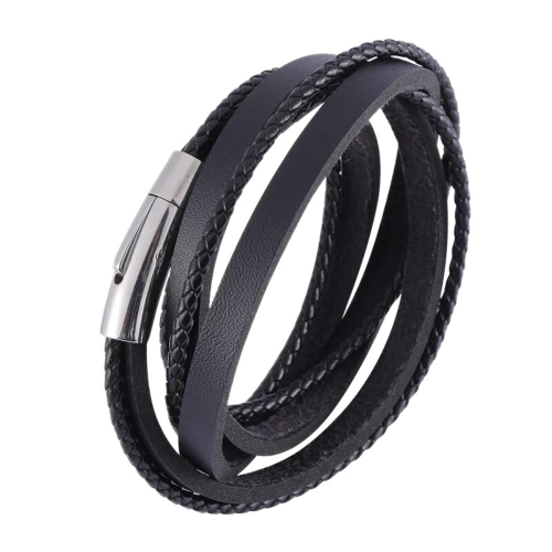 Multirang Leather Bracelet For Men Fermoir Magnet Steel 19cm