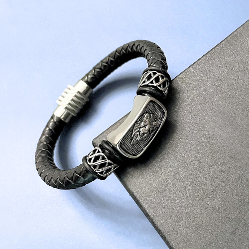 Pulsera Pulsera León Piel Treada y Placa Fermoir Imán de acero inoxidable 21cm