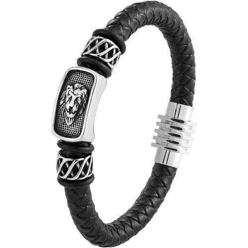 Pulsera Hombre Piel Treshed y Plato León Cierre de acero inoxidable magnético 21cm