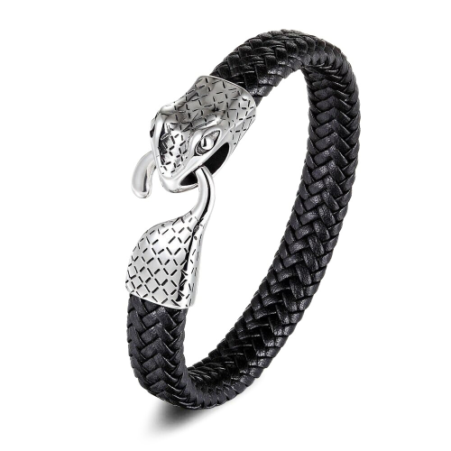 Schwarzes Lederarmband Clasp Ouroboros Schlangenstahl für Männer