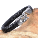 Bracelet Cuir Noir Fermoir Tête de Serpent Ouroboros en Acier inoxydable
