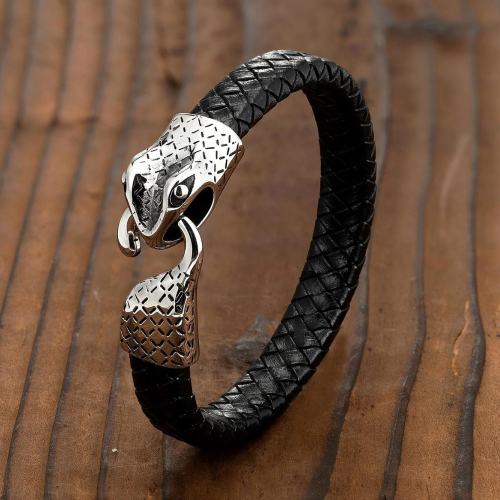Pulsera de cuero negro Cierre cabeza de serpiente Ouroboros en acero masculino